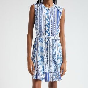 Reiss Florence tile print belted button front geometric blue mini dress 0
